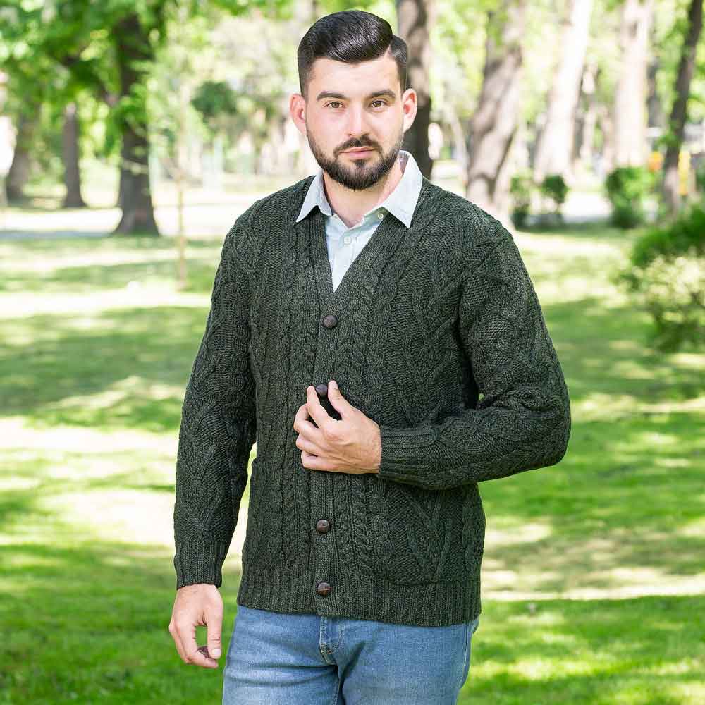 Product image for Irish Cardigan | Merino Wool V Neck Cable Knit Mens Cardigan