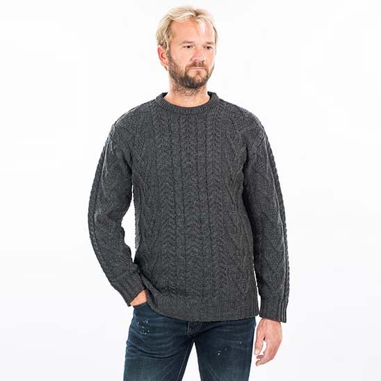 Irish Sweater | Merino Wool Traditional Aran Knit Crew Neck Mens ...