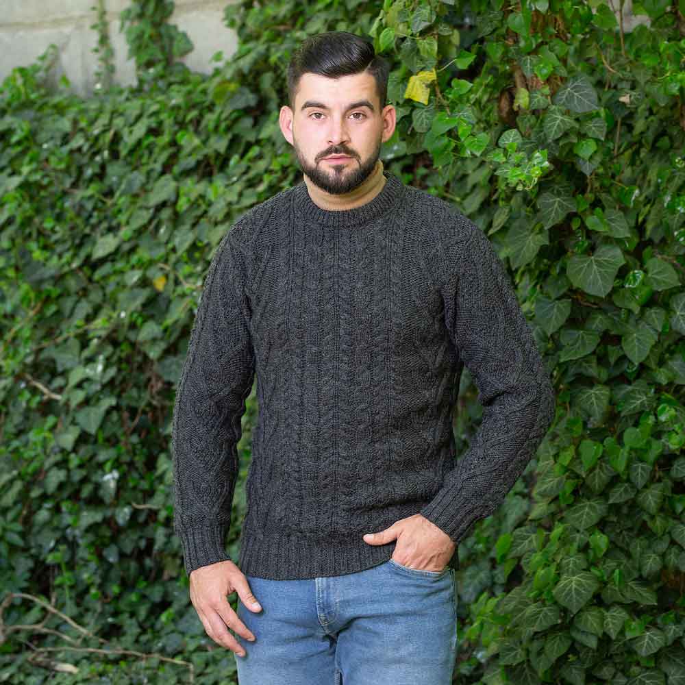 Irish Sweater | Merino Wool Traditional Aran Knit Crew Neck Mens ...