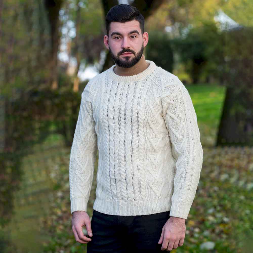 Irish Sweater | Merino Wool Traditional Aran Knit Crew Neck Mens ...