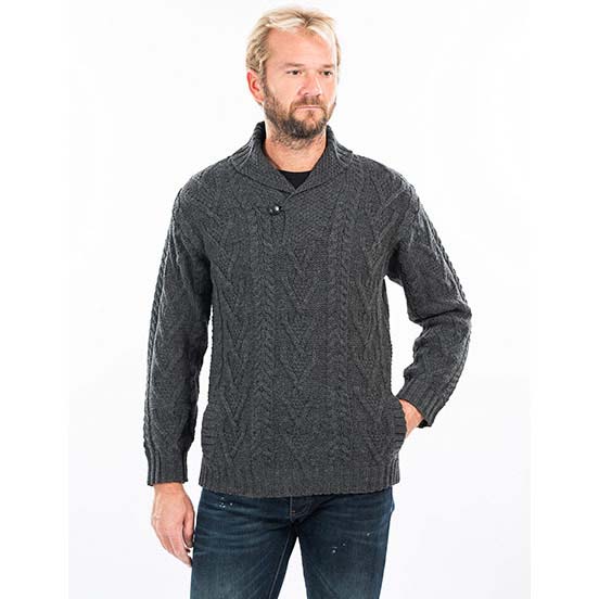 Product image for Irish Sweater | Merino Wool Aran Knit Shawl Collar Single Button Mens Sweater