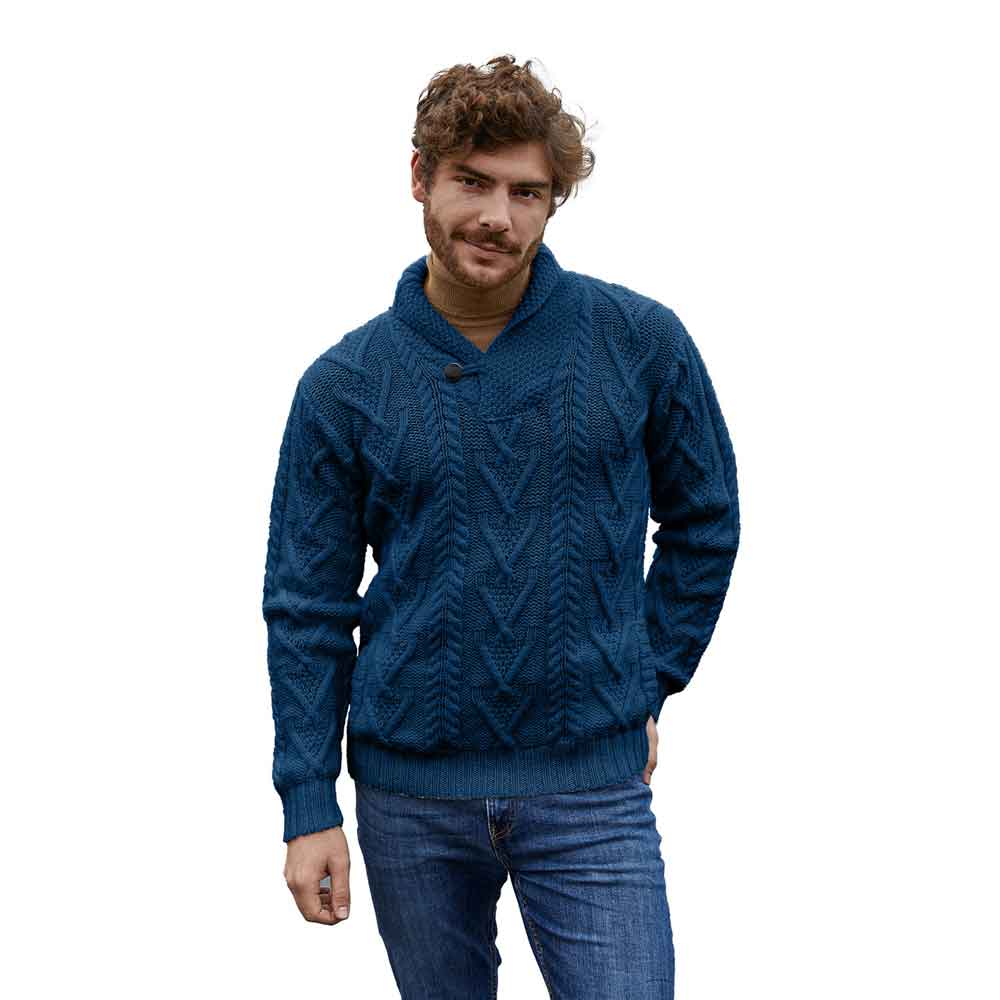 Product image for Irish Sweater | Merino Wool Aran Knit Shawl Collar Single Button Mens Sweater