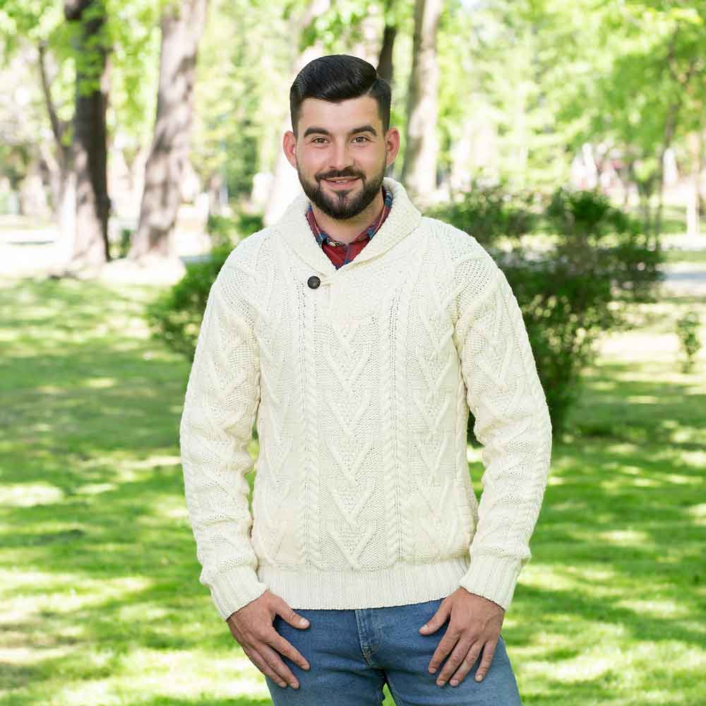 Product image for Irish Sweater | Merino Wool Aran Knit Shawl Collar Single Button Mens Sweater