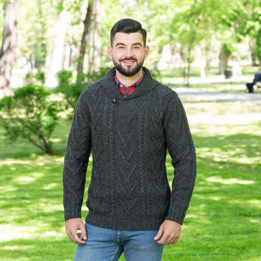 Product image for Irish Sweater | Merino Wool Aran Knit Shawl Collar Single Button Mens Sweater