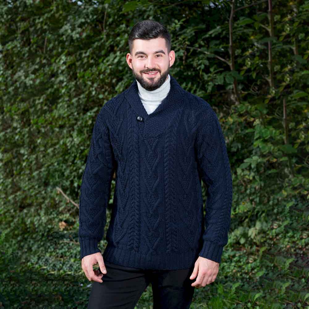 Product image for Irish Sweater | Merino Wool Aran Knit Shawl Collar Single Button Mens Sweater