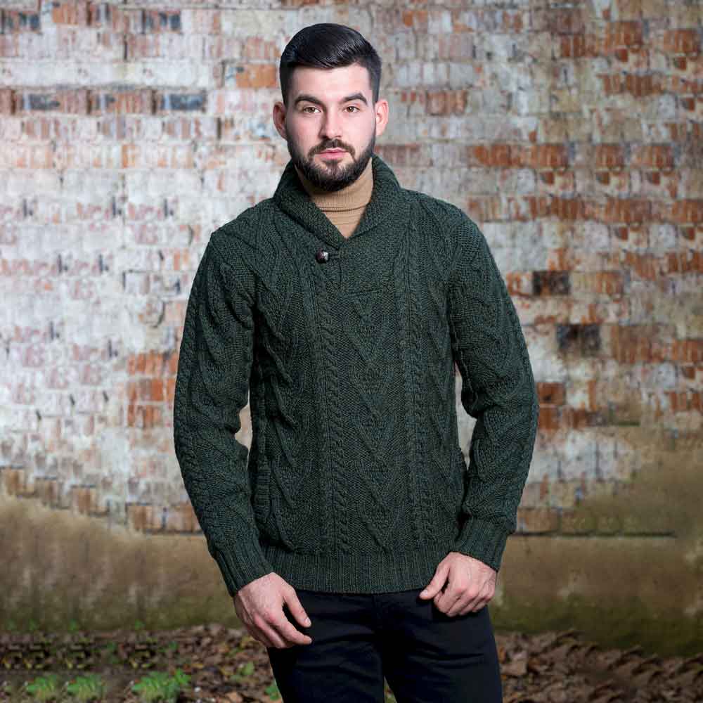 Product image for Irish Sweater | Merino Wool Aran Knit Shawl Collar Single Button Mens Sweater