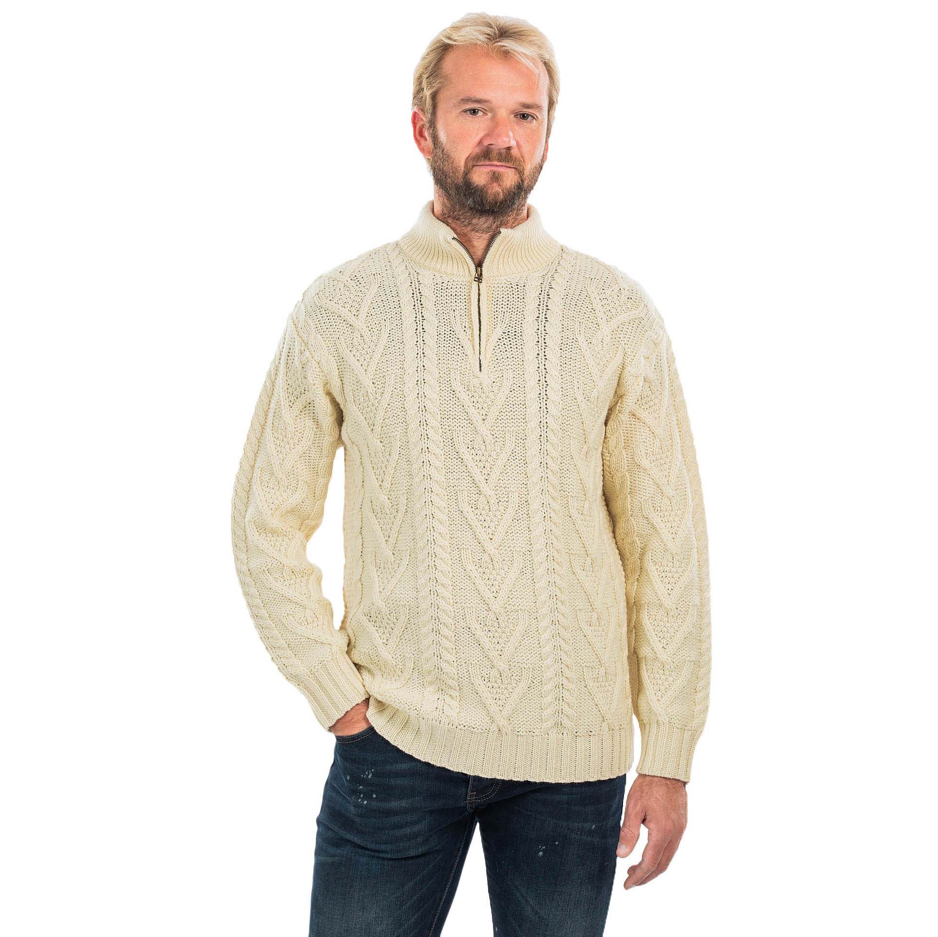 Irish Sweater, Merino Wool Aran Knit Zip Neck Fisherman Mens Sweater at