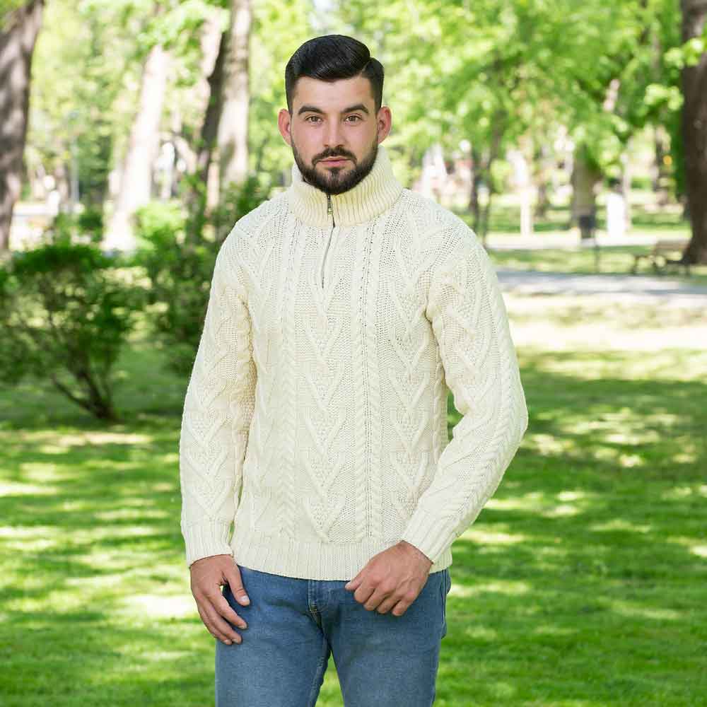 Irish Sweater  Merino Wool Aran Knit Zip Neck Fisherman Mens