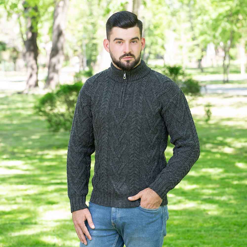 Irish Sweater  Merino Wool Aran Knit Zip Neck Fisherman Mens