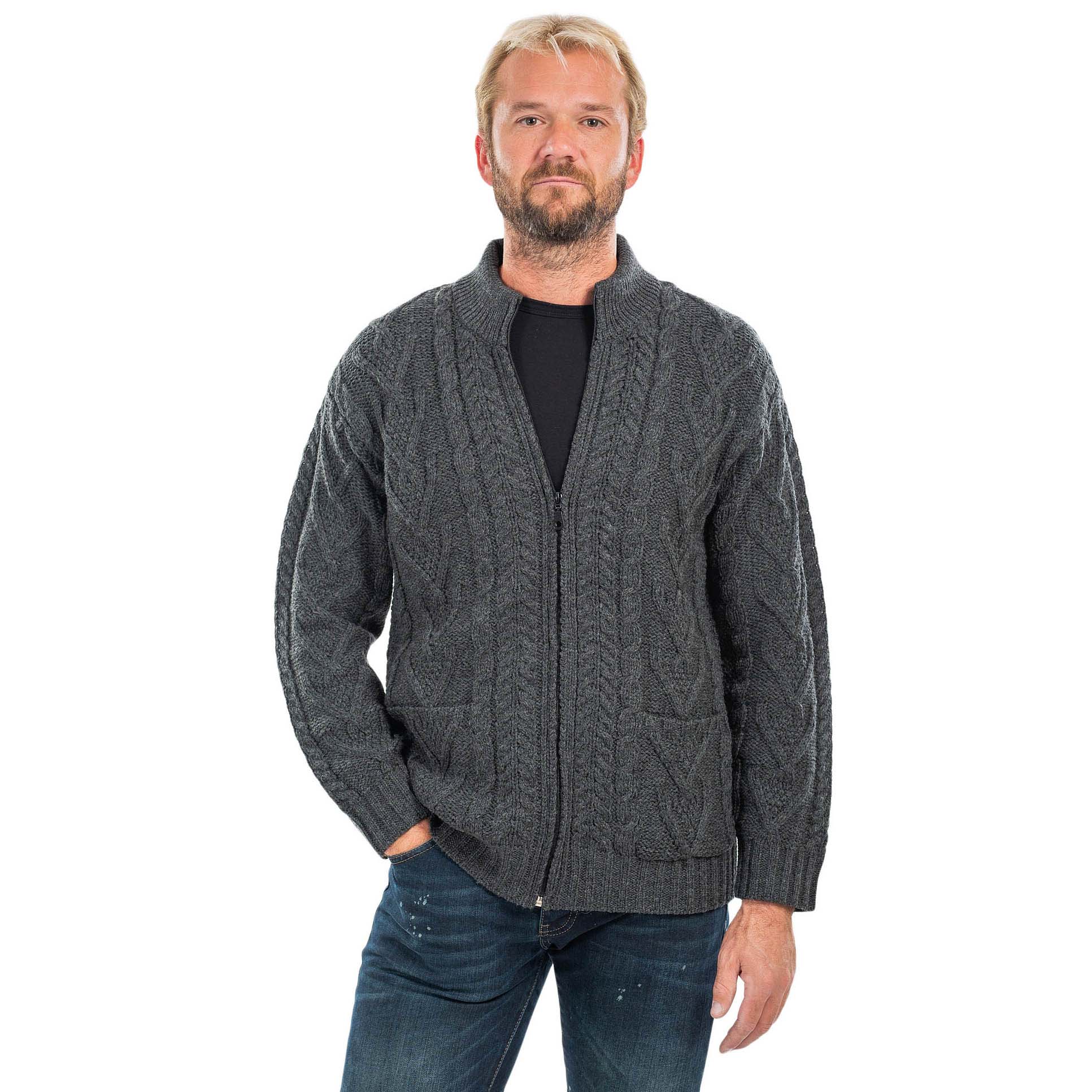 Irish Cardigan Merino Wool Aran Knit Mens Zip Cardigan at