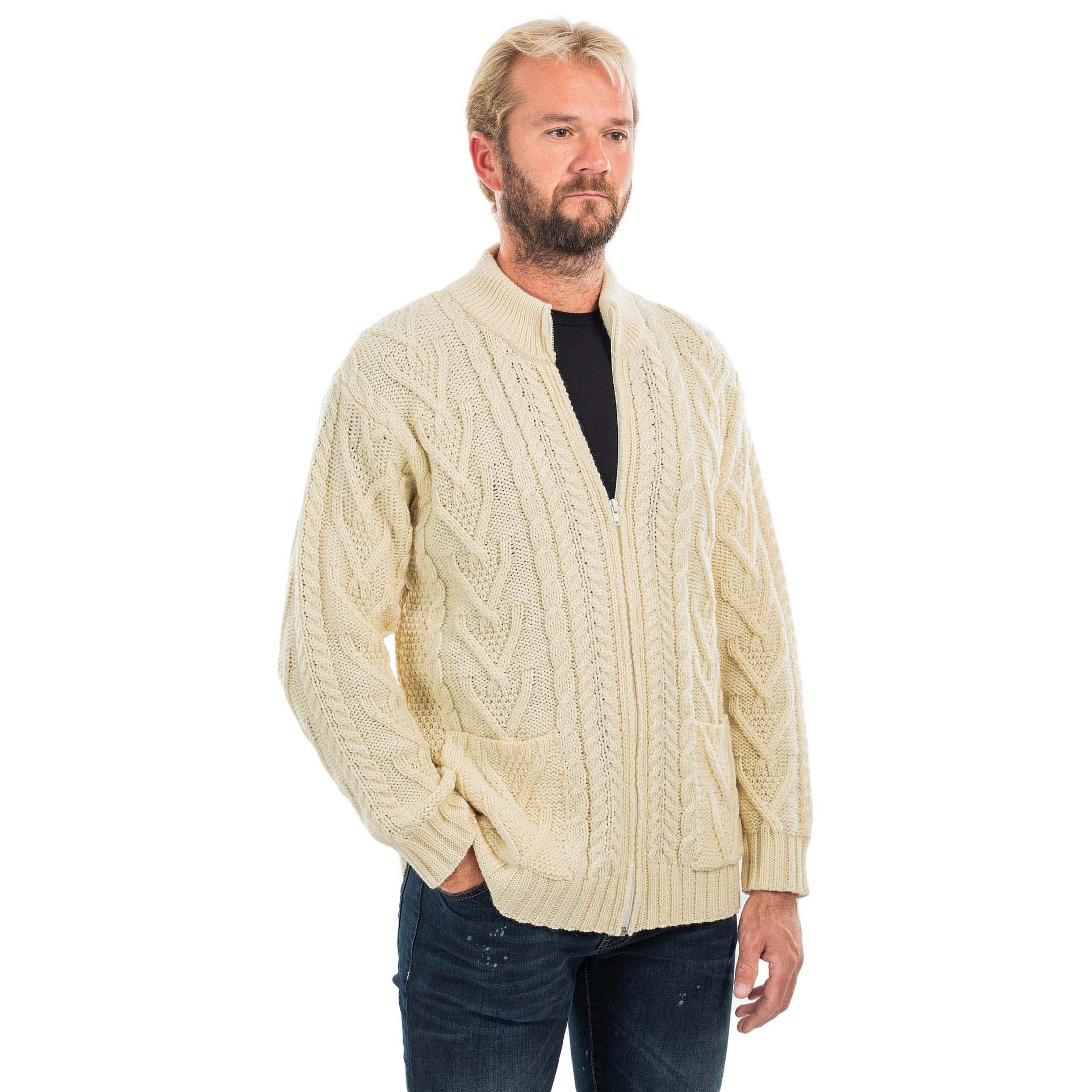 Irish Cardigan Merino Wool Aran Knit Mens Zip Cardigan at CLSA10137
