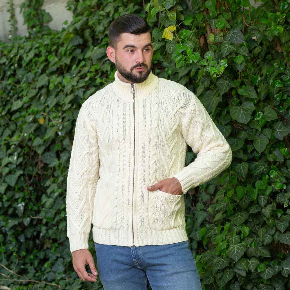 Product image for Irish Cardigan | Merino Wool Aran Knit Mens Zip Cardigan