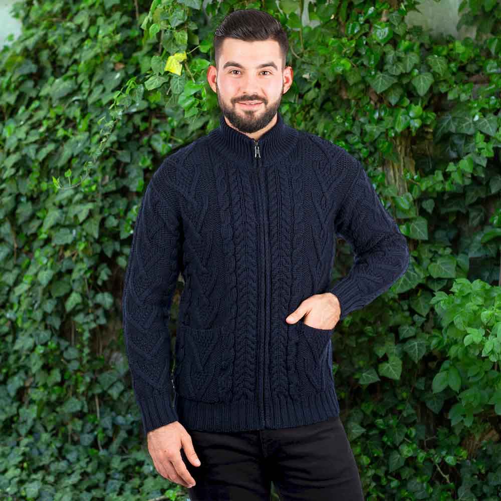 Irish Cardigan Merino Wool Aran Knit Mens Zip Cardigan at