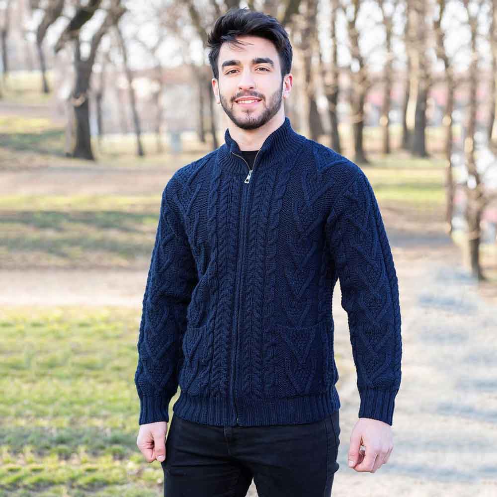 Product image for Irish Cardigan | Merino Wool Aran Knit Mens Zip Cardigan