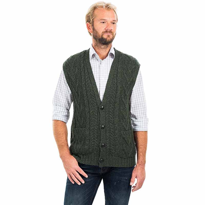 Product image for Irish Cardigan | Merino Wool Aran Knit Sleeveless Mens Cardigan