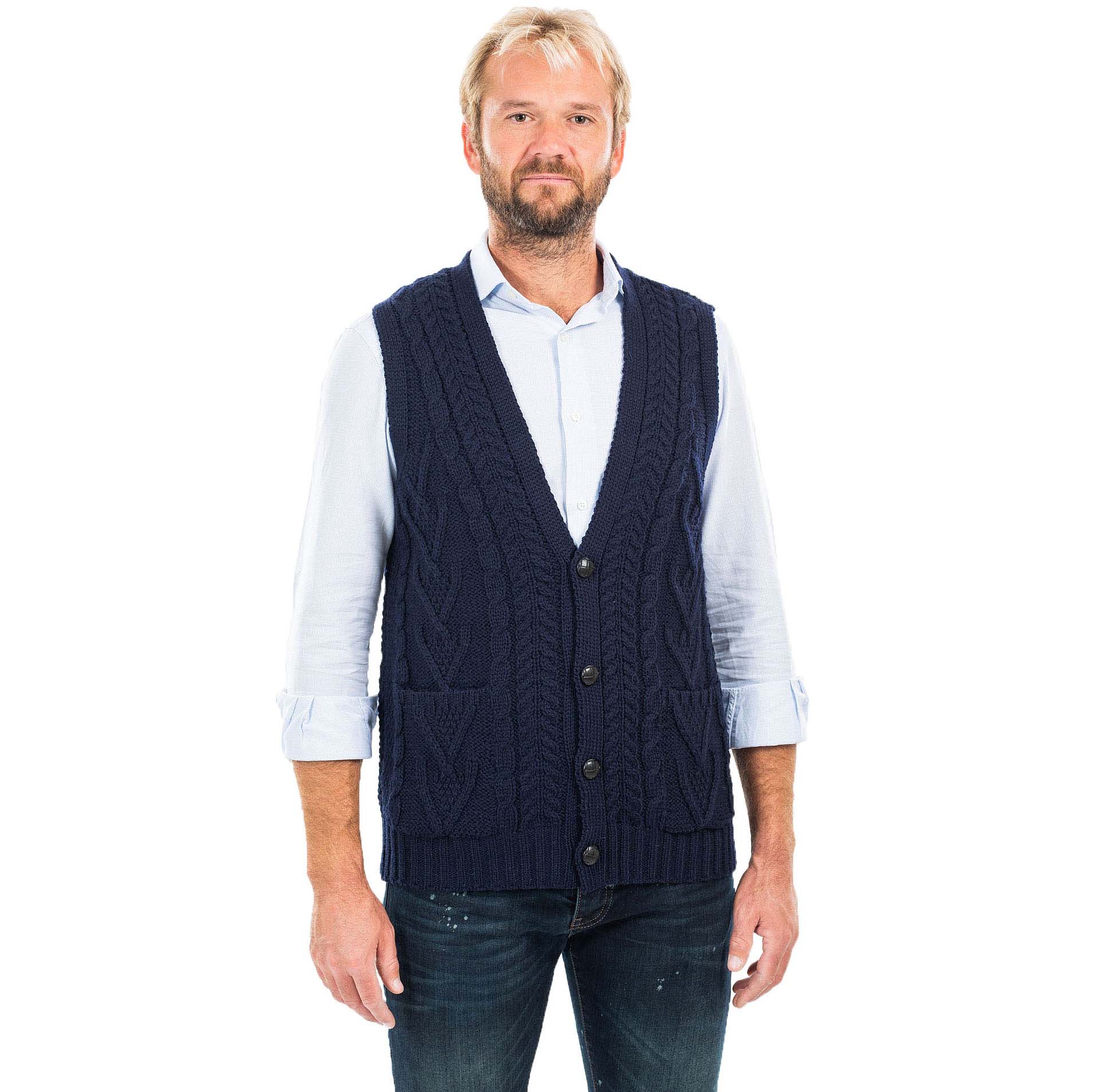 Product image for SALE | Irish Cardigan | Merino Wool Aran Knit Sleeveless Mens Cardigan