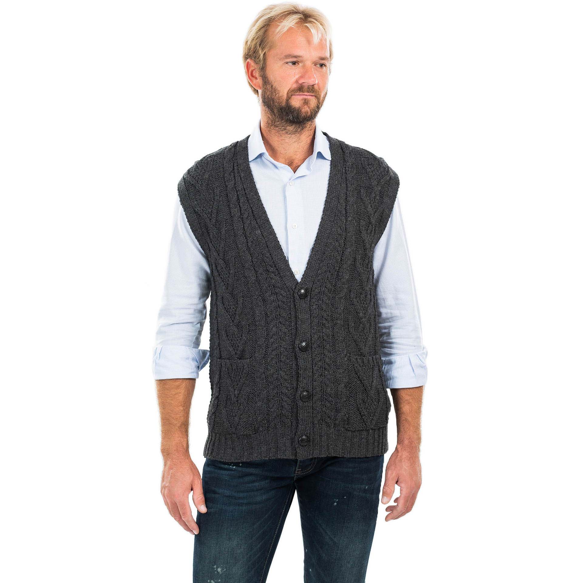 Product image for SALE | Irish Cardigan | Merino Wool Aran Knit Sleeveless Mens Cardigan