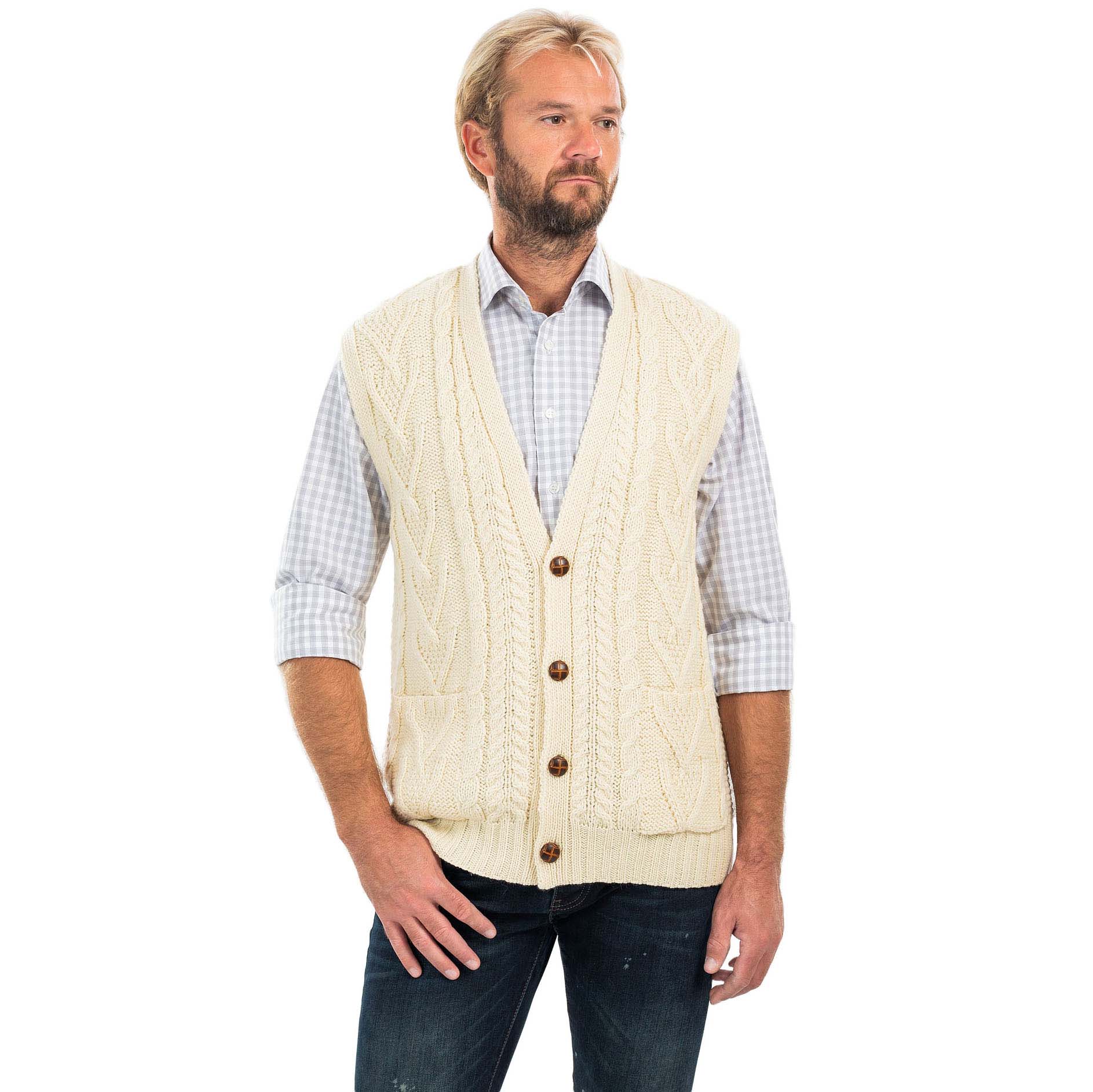 Product image for Irish Cardigan | Merino Wool Aran Knit Sleeveless Mens Cardigan