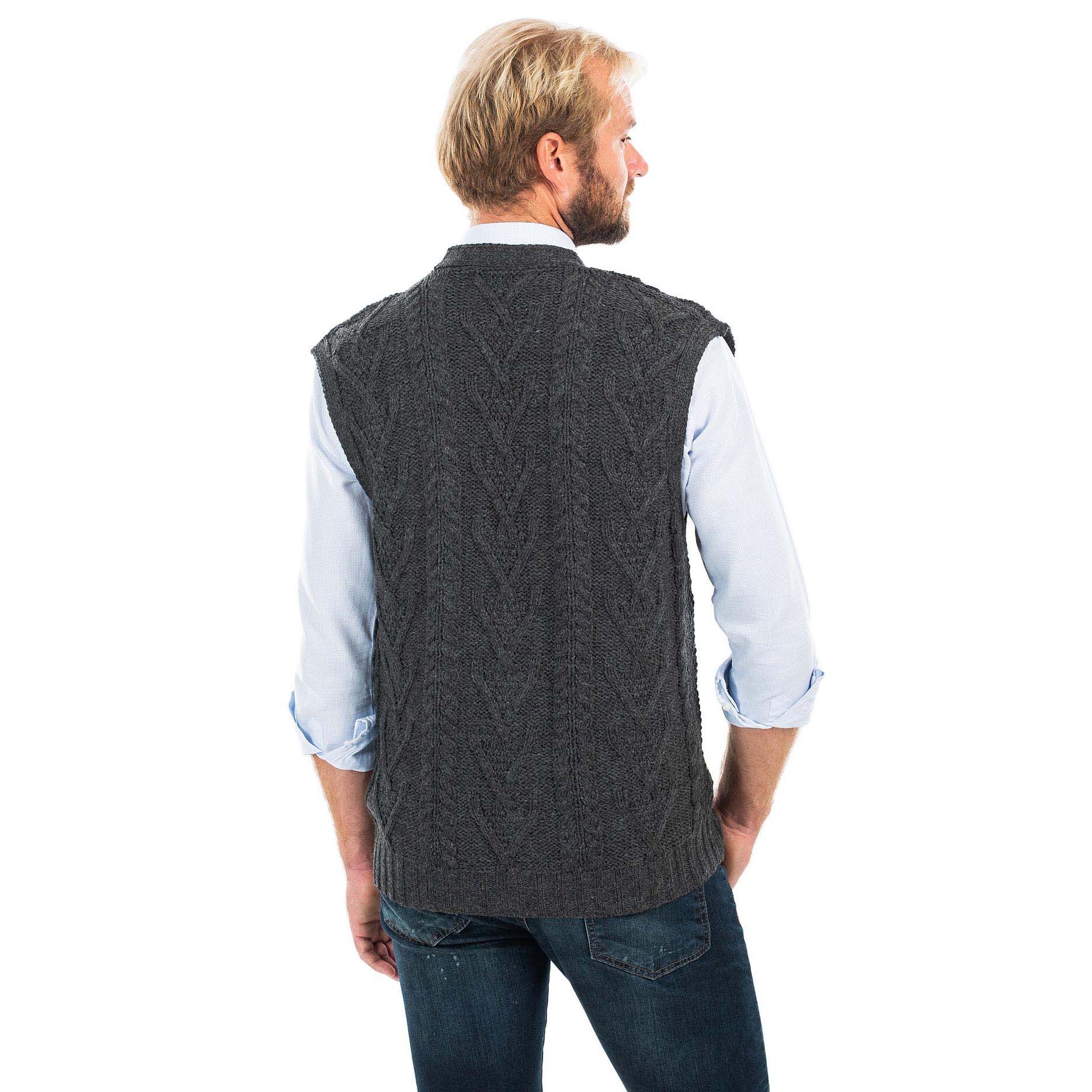 Product image for Irish Cardigan | Merino Wool Aran Knit Sleeveless Mens Cardigan