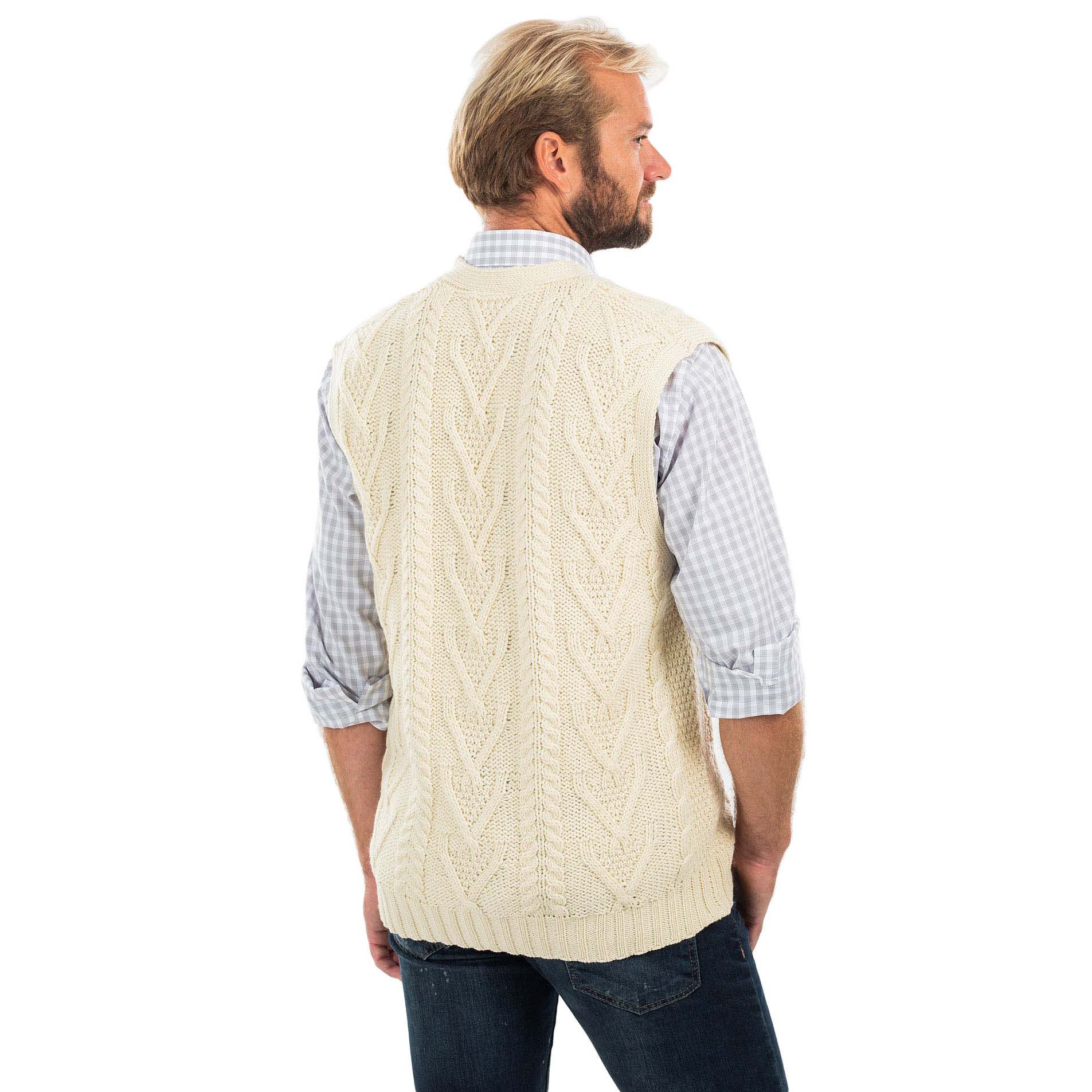 Product image for Irish Cardigan | Merino Wool Aran Knit Sleeveless Mens Cardigan