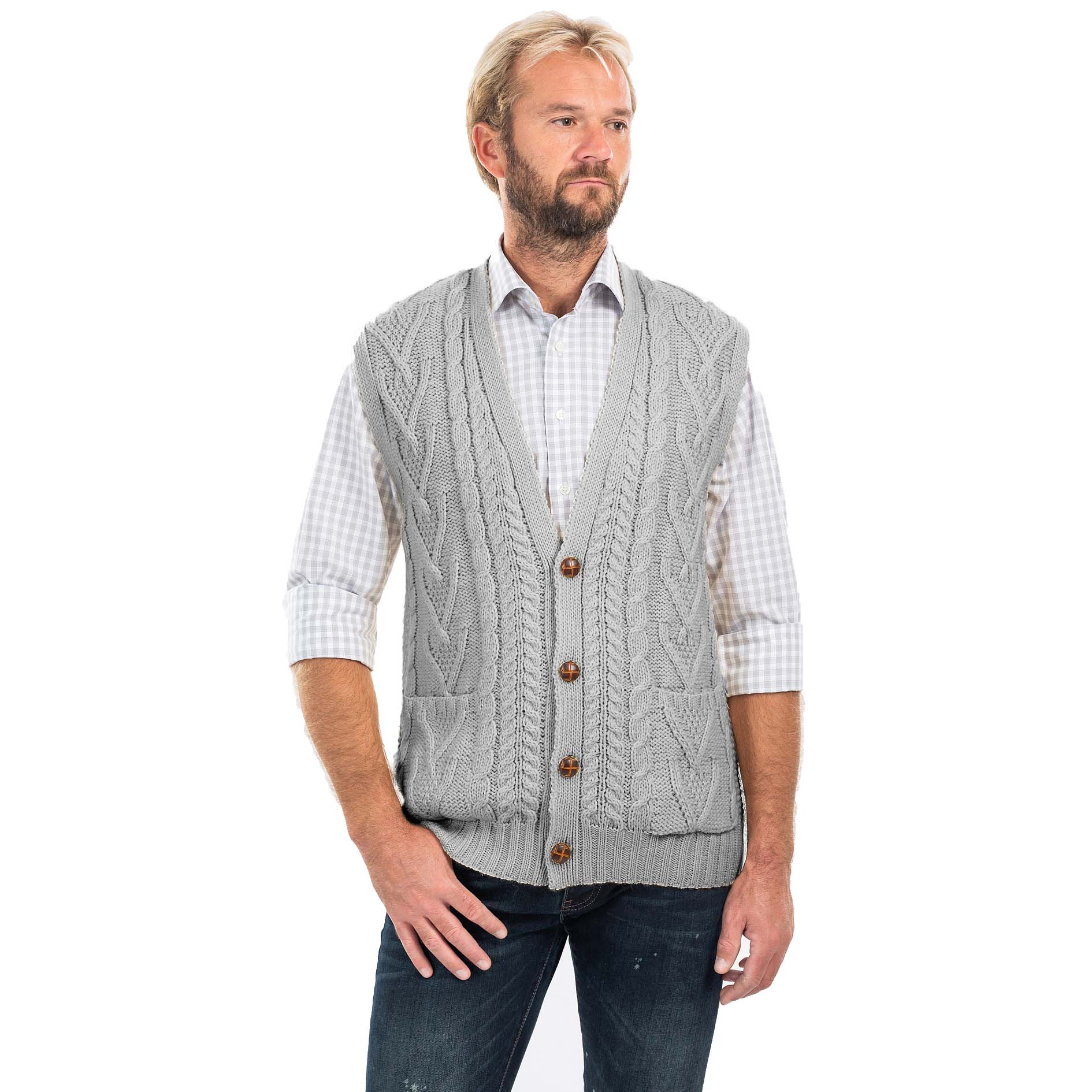 Product image for SALE | Irish Cardigan | Merino Wool Aran Knit Sleeveless Mens Cardigan