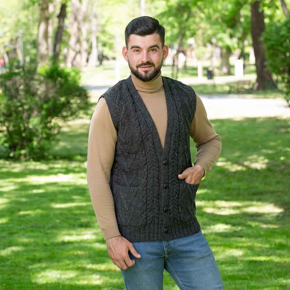 Product image for SALE | Irish Cardigan | Merino Wool Aran Knit Sleeveless Mens Cardigan