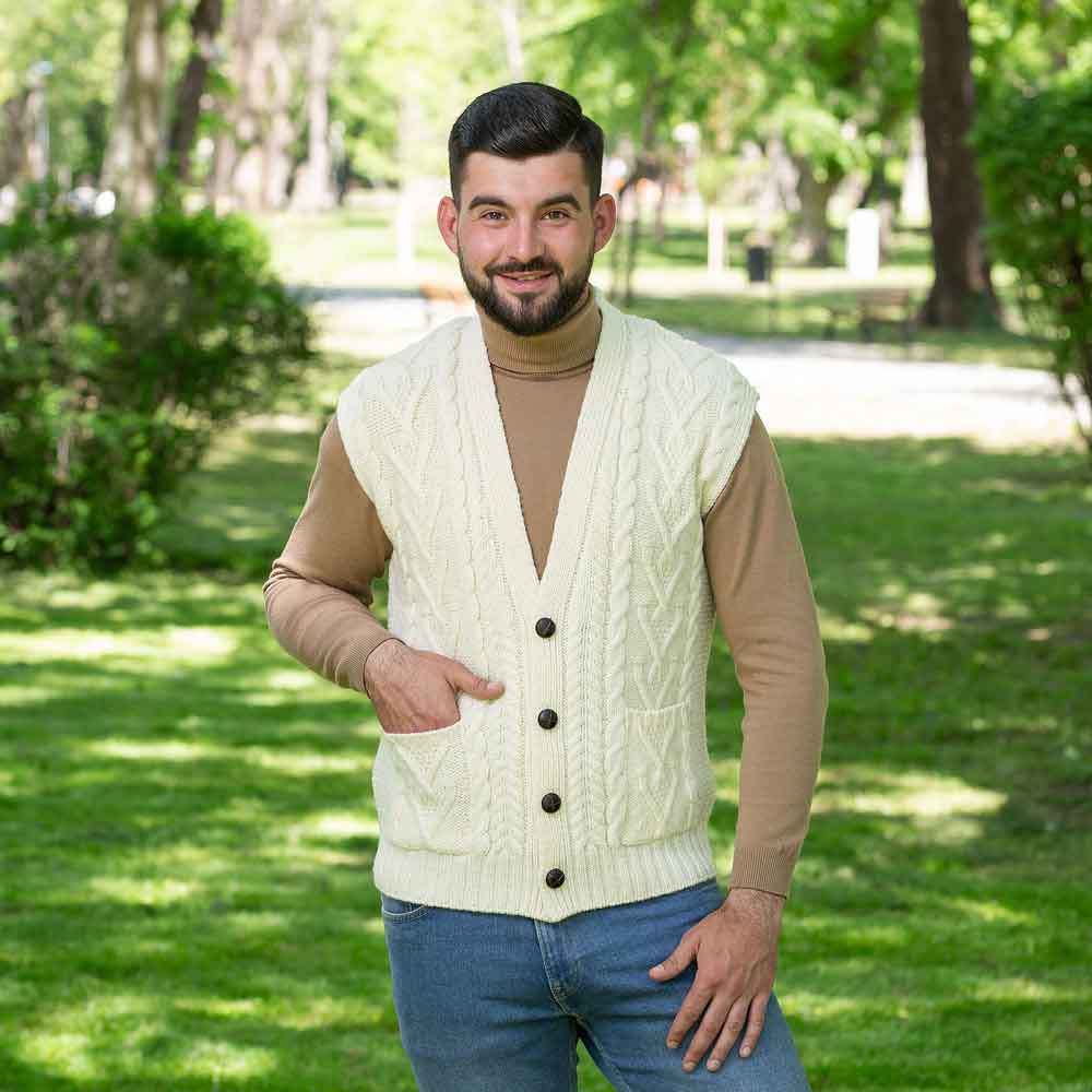 Product image for SALE | Irish Cardigan | Merino Wool Aran Knit Sleeveless Mens Cardigan