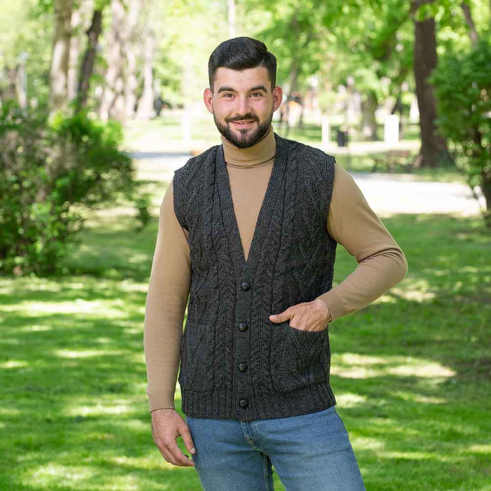 Product image for SALE | Irish Cardigan | Merino Wool Aran Knit Sleeveless Mens Cardigan