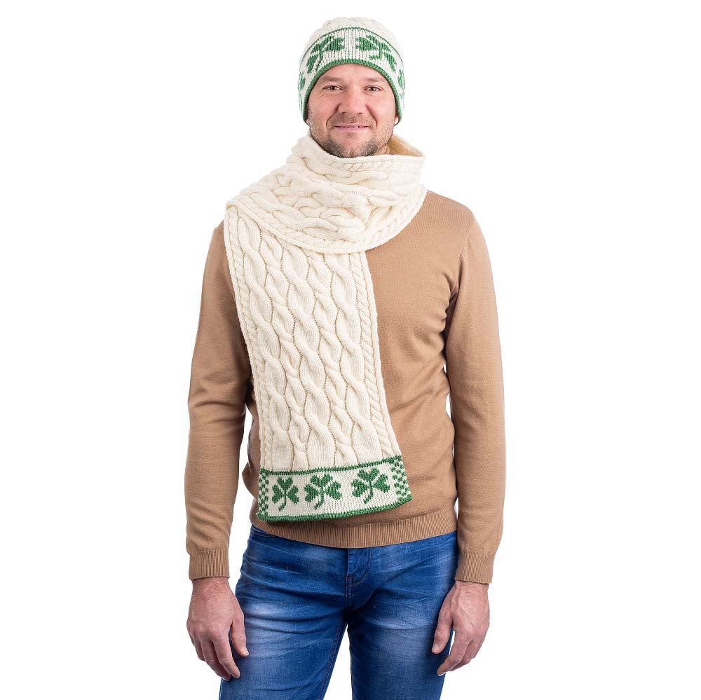 Product image for Irish Scarf | Aran Cable Knit Merino Wool Shamrock Mens Scarf