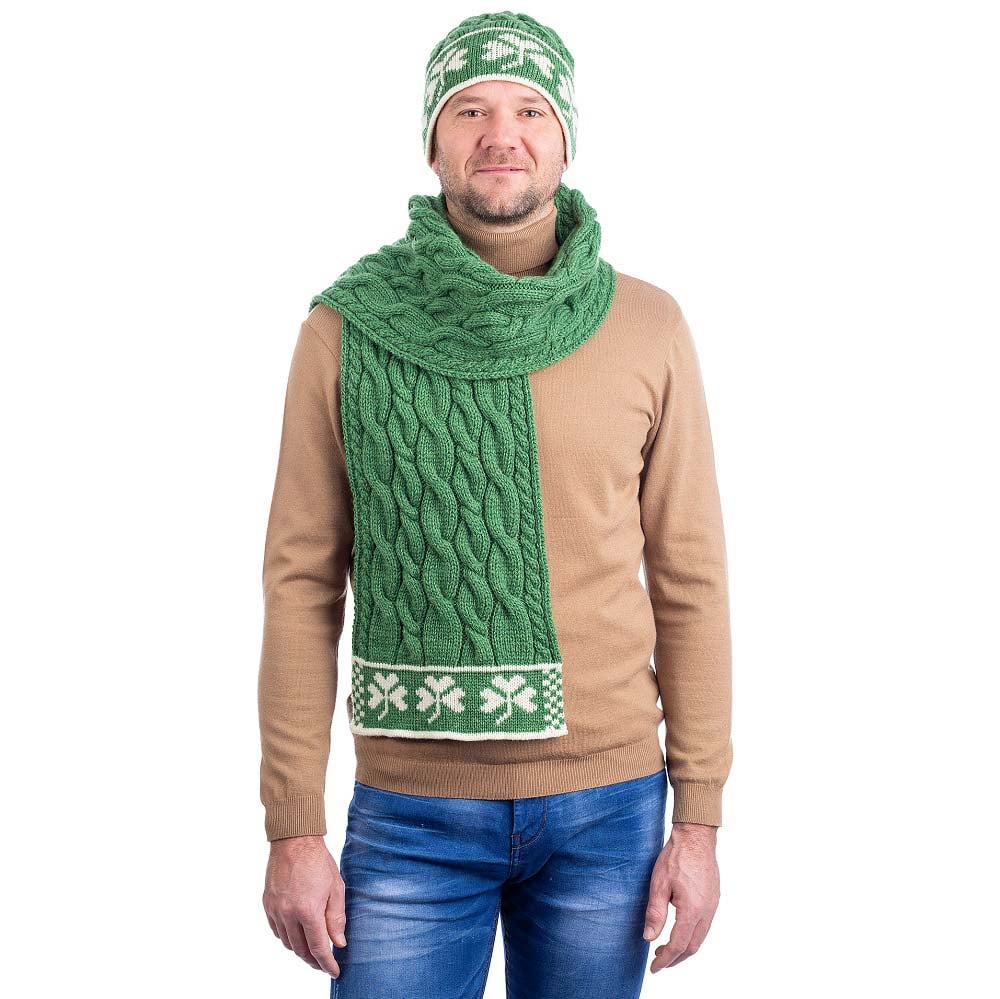 Product image for Irish Scarf | Aran Cable Knit Merino Wool Shamrock Mens Scarf