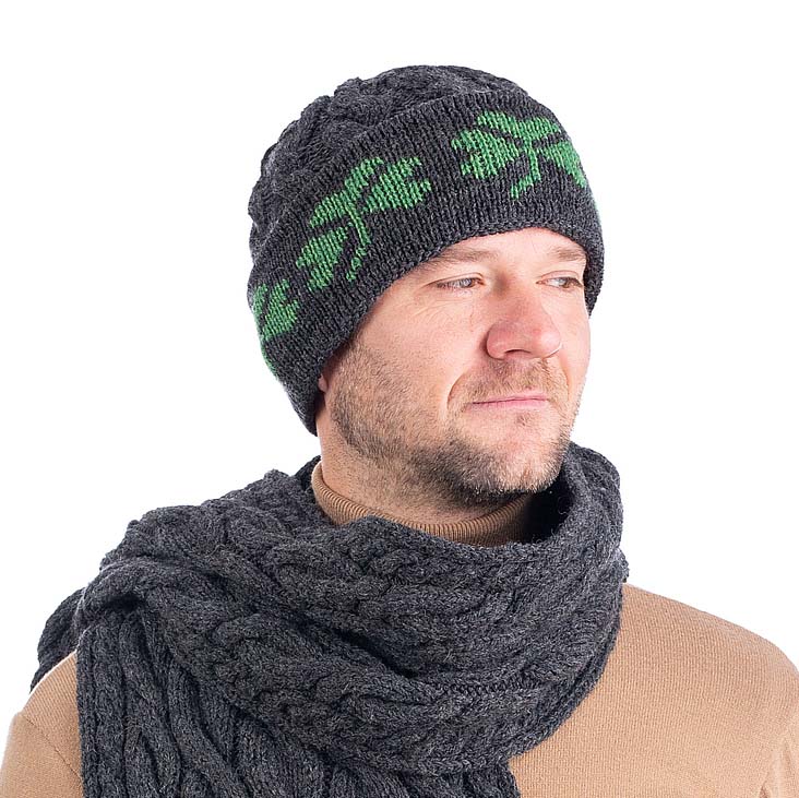 Product image for Irish Hat | Merino Wool Cable Knit Shamrock Mens Hat