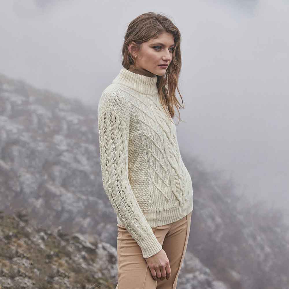 Product image for Irish Sweater | Merino Wool Turtle Neck Aran Ladies Sweater