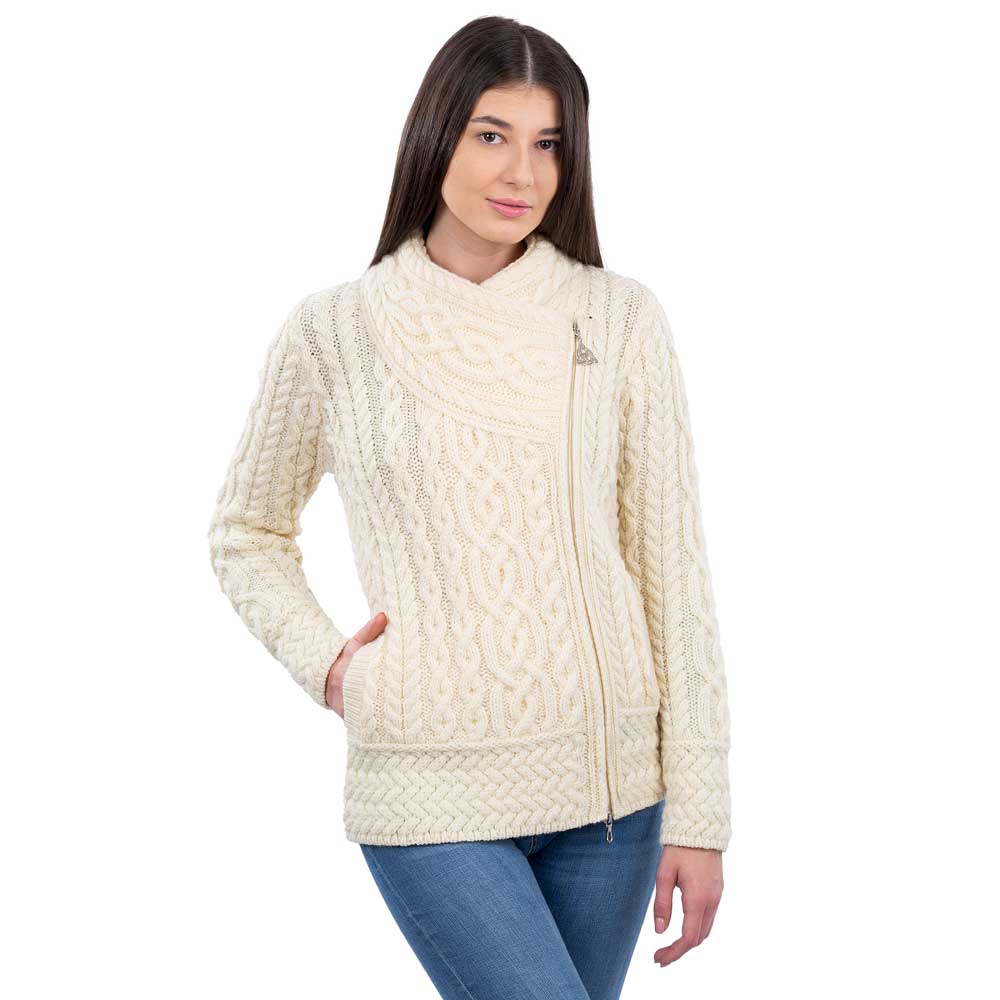 Product image for Irish Cardigan | Merino Wool Side Zip Ladies Aran Knit Cardigan