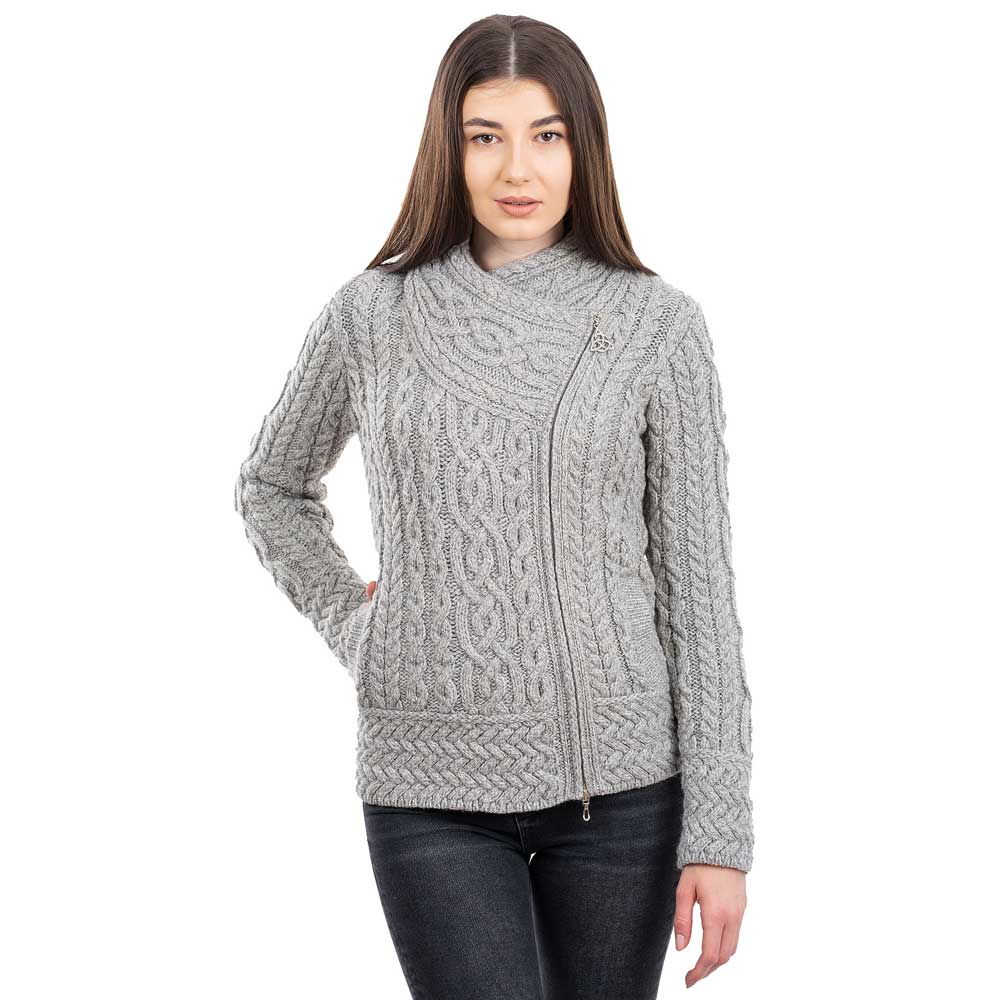 Product image for Irish Cardigan | Merino Wool Side Zip Ladies Aran Knit Cardigan