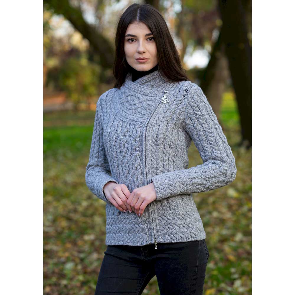 Product image for Irish Cardigan | Merino Wool Side Zip Ladies Aran Knit Cardigan