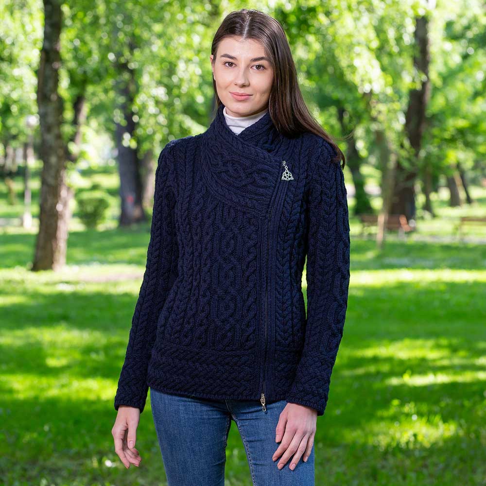 Product image for Irish Cardigan | Merino Wool Side Zip Ladies Aran Knit Cardigan