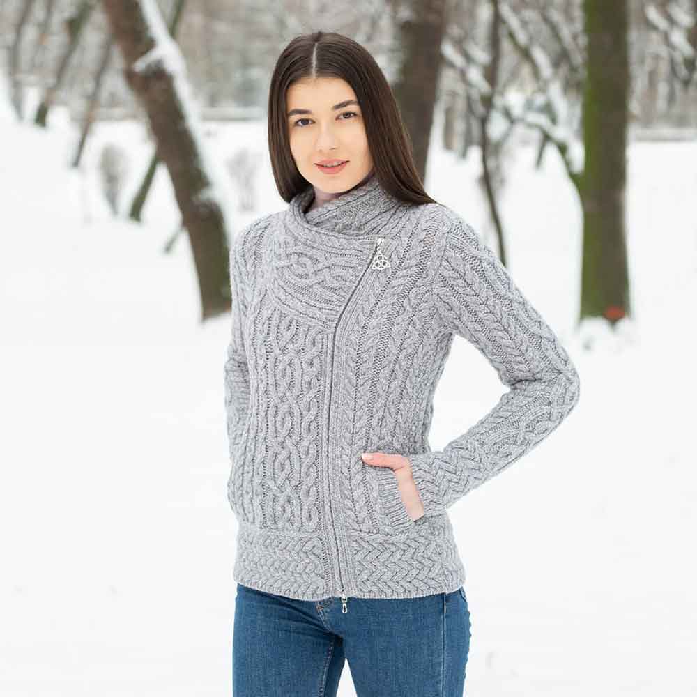 Product image for Irish Cardigan | Merino Wool Side Zip Ladies Aran Knit Cardigan