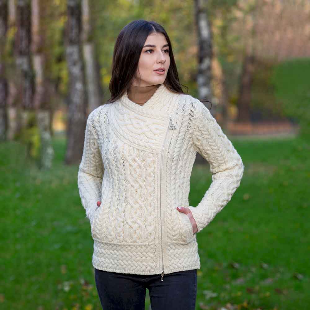 Product image for Irish Cardigan | Merino Wool Side Zip Ladies Aran Knit Cardigan