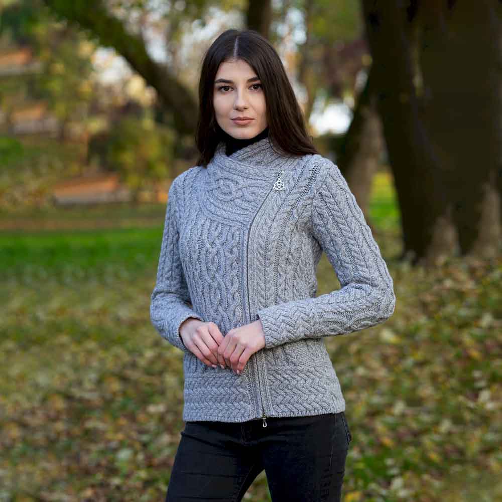 Product image for Irish Cardigan | Merino Wool Side Zip Ladies Aran Knit Cardigan