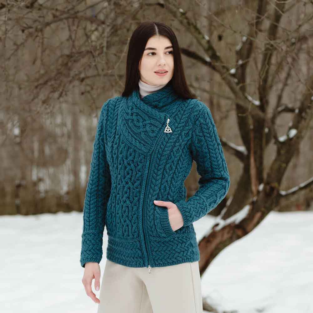 Product image for Irish Cardigan | Merino Wool Side Zip Ladies Aran Knit Cardigan