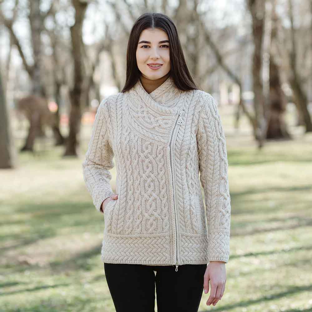 Product image for Irish Cardigan | Merino Wool Side Zip Ladies Aran Knit Cardigan