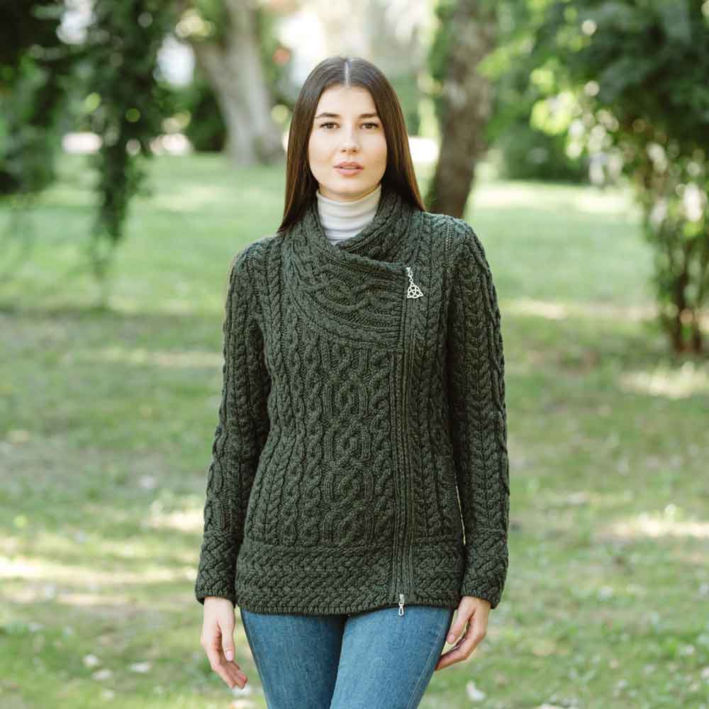 Product image for Irish Cardigan | Merino Wool Side Zip Ladies Aran Knit Cardigan