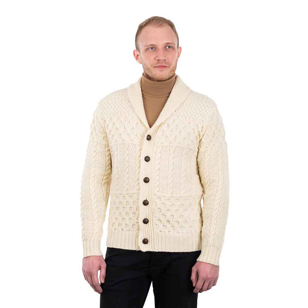 Product image for Irish Cardigan | Aran Cable Knit Shawl Collar Mens Cardigan