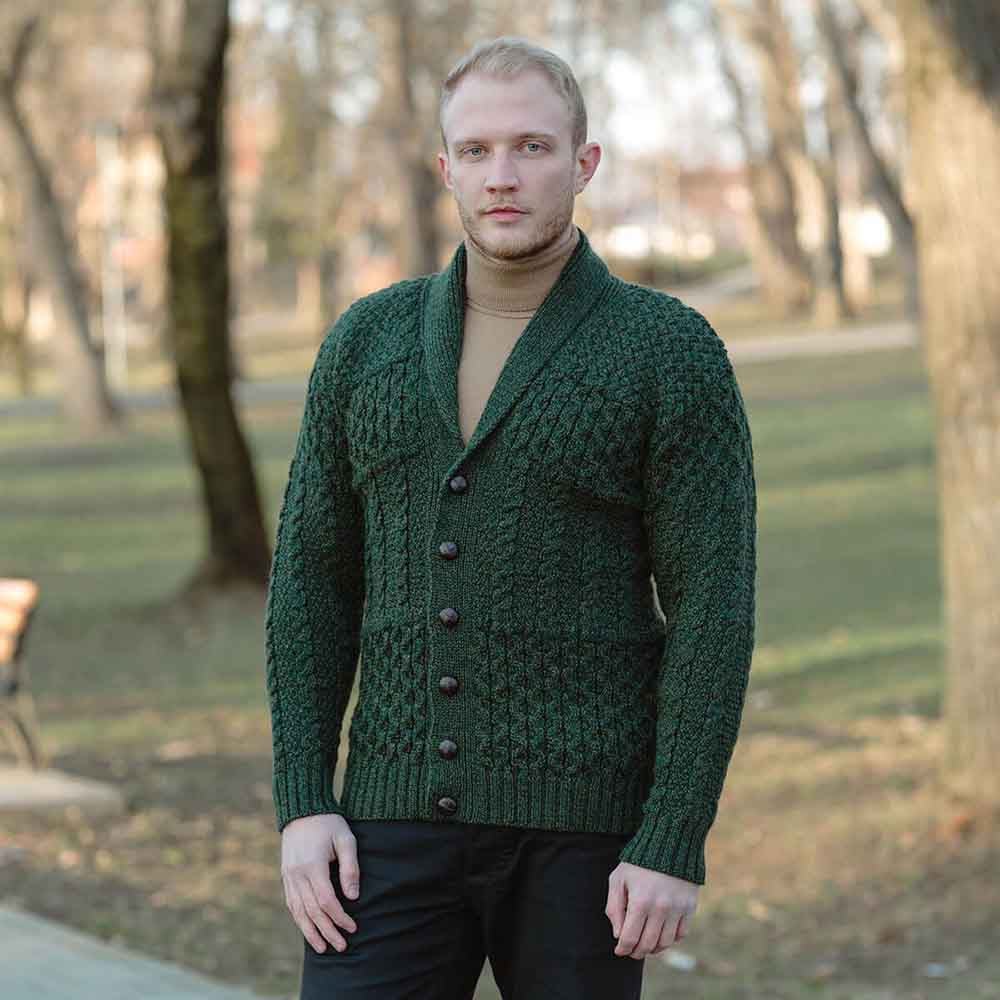 Product image for Irish Cardigan | Aran Cable Knit Shawl Collar Mens Cardigan