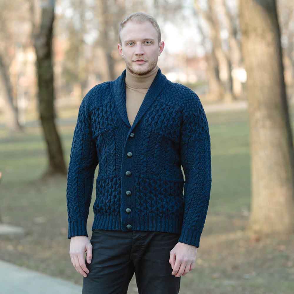 Product image for Irish Cardigan | Aran Cable Knit Shawl Collar Mens Cardigan