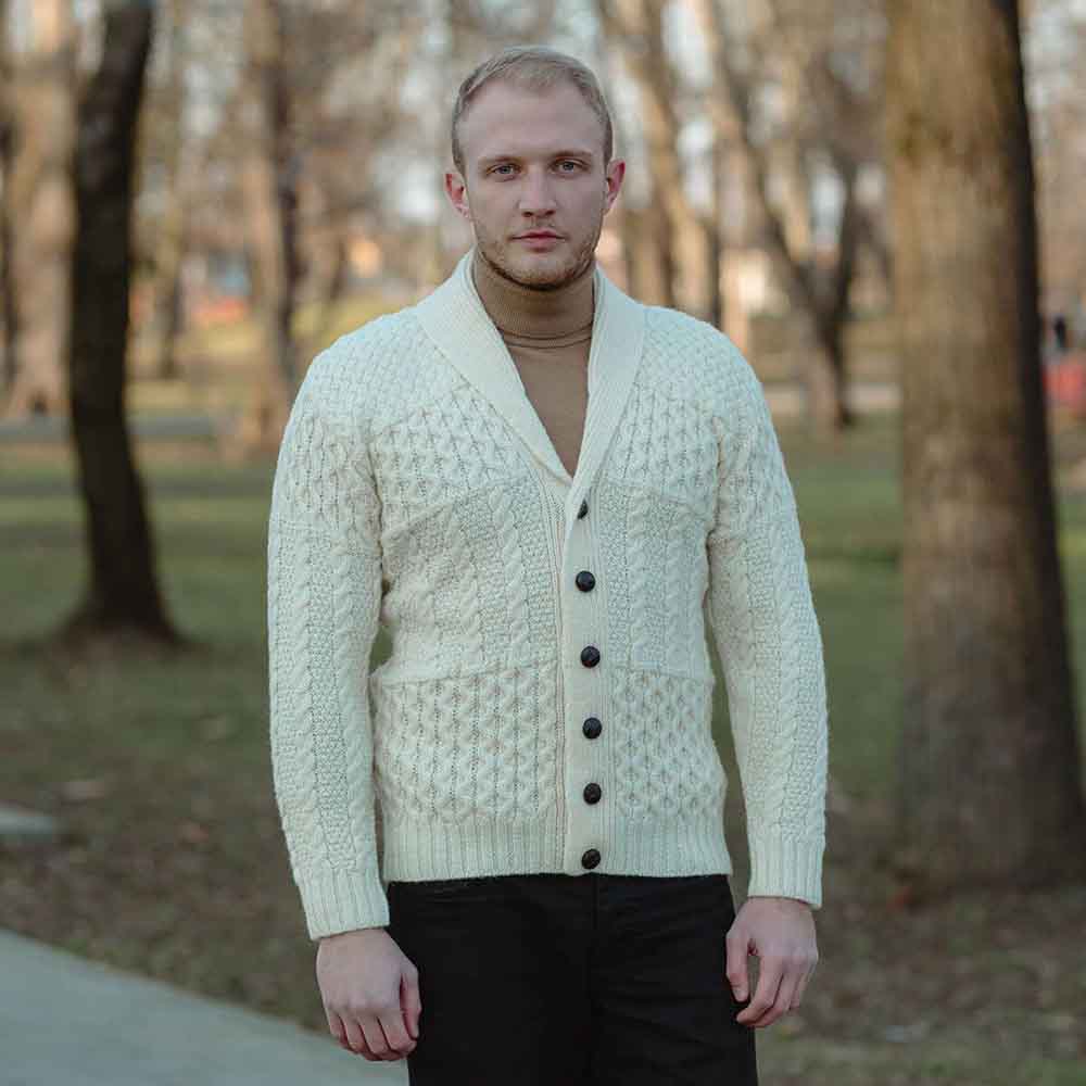 Product image for Irish Cardigan | Aran Cable Knit Shawl Collar Mens Cardigan