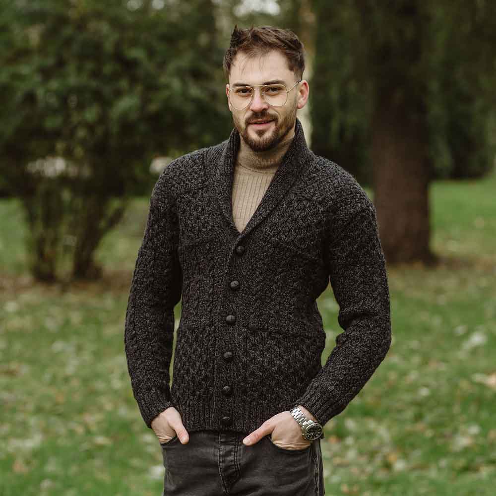 Product image for Irish Cardigan | Aran Cable Knit Shawl Collar Mens Cardigan