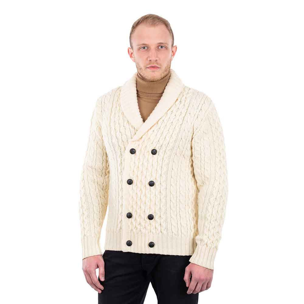 Irish Cardigan | Double Breasted Shawl Collar Aran Cable Knit Mens ...