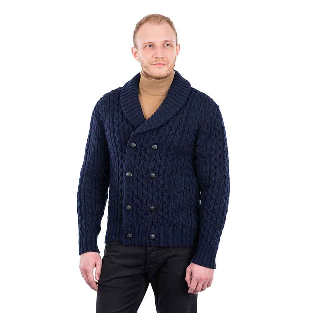 Irish Cardigan | Double Breasted Shawl Collar Aran Cable Knit Mens ...