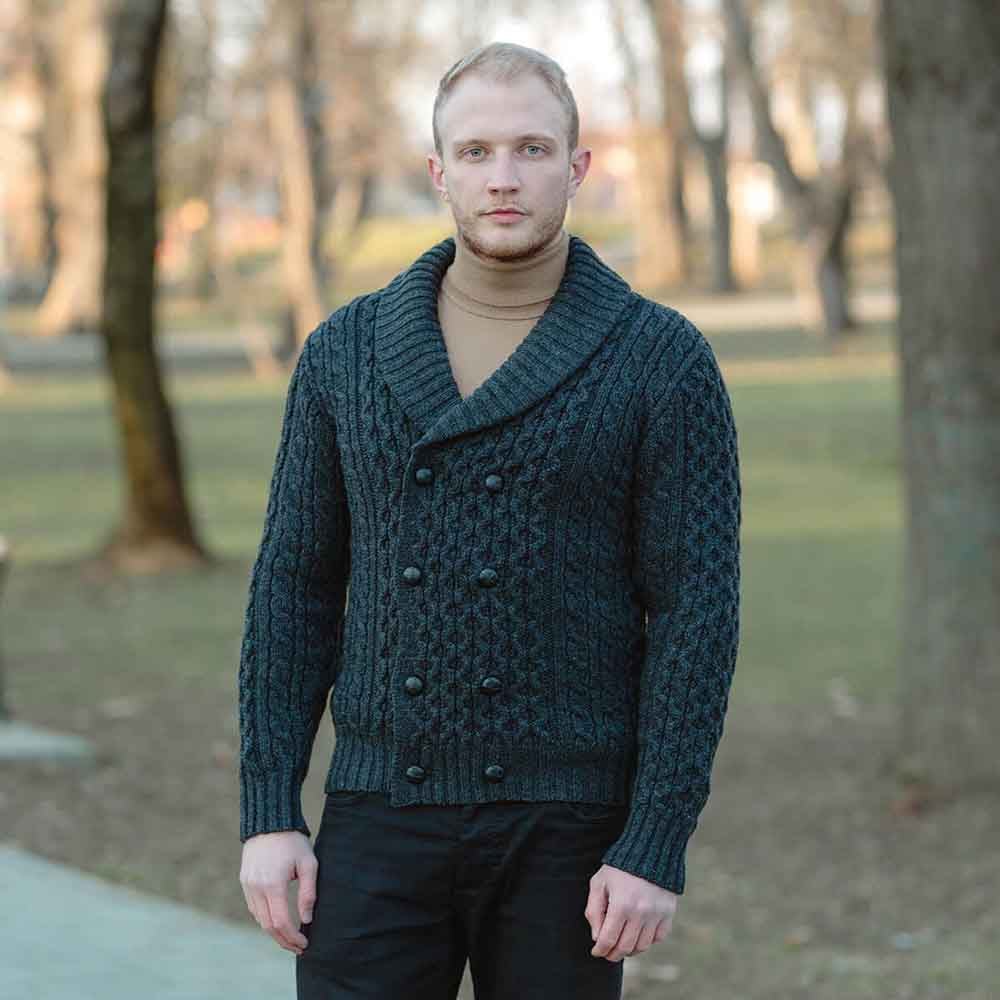 Product image for Irish Cardigan | Double Breasted Shawl Collar Aran Cable Knit Mens Cardigan